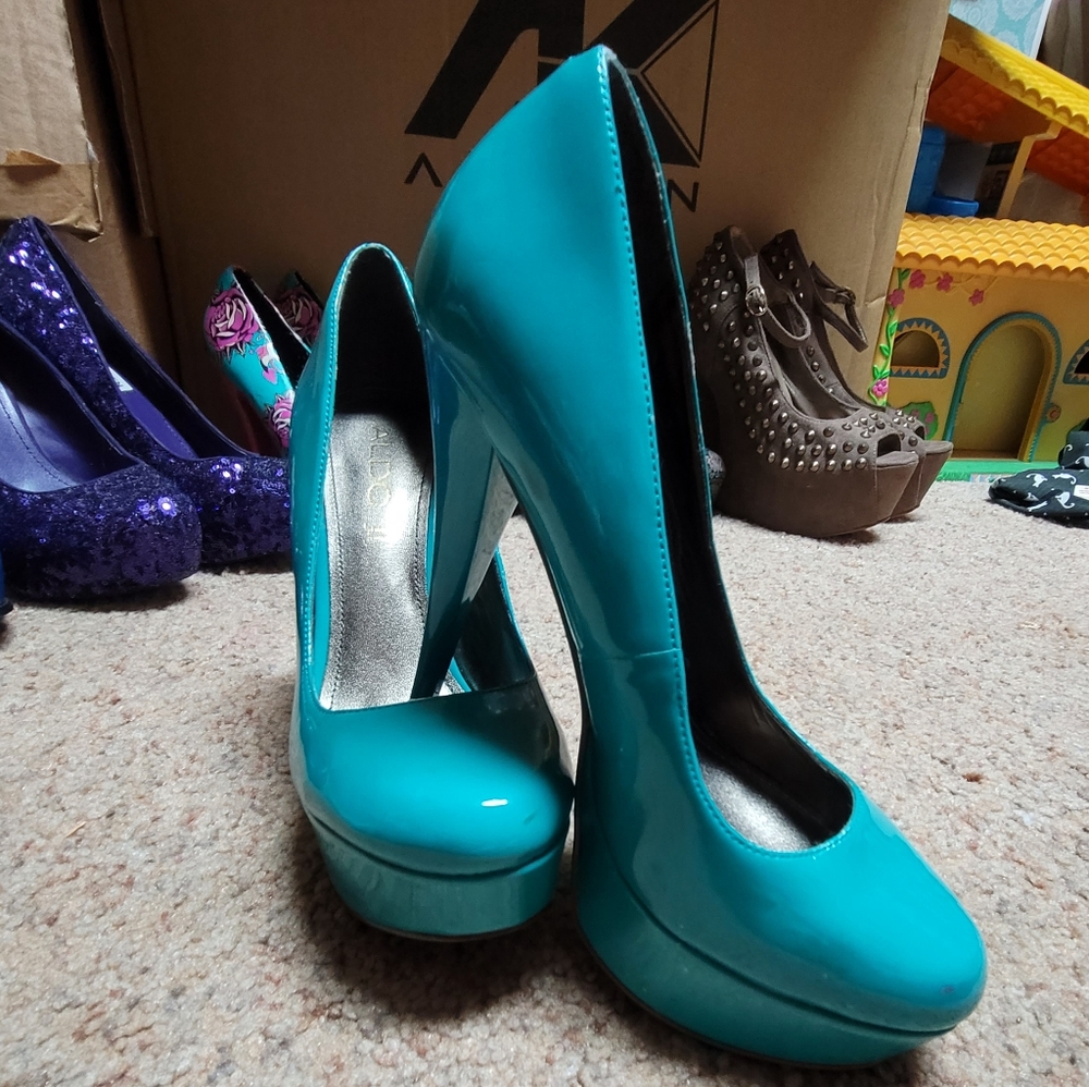 Turquoise spiked platform high heel stilletos